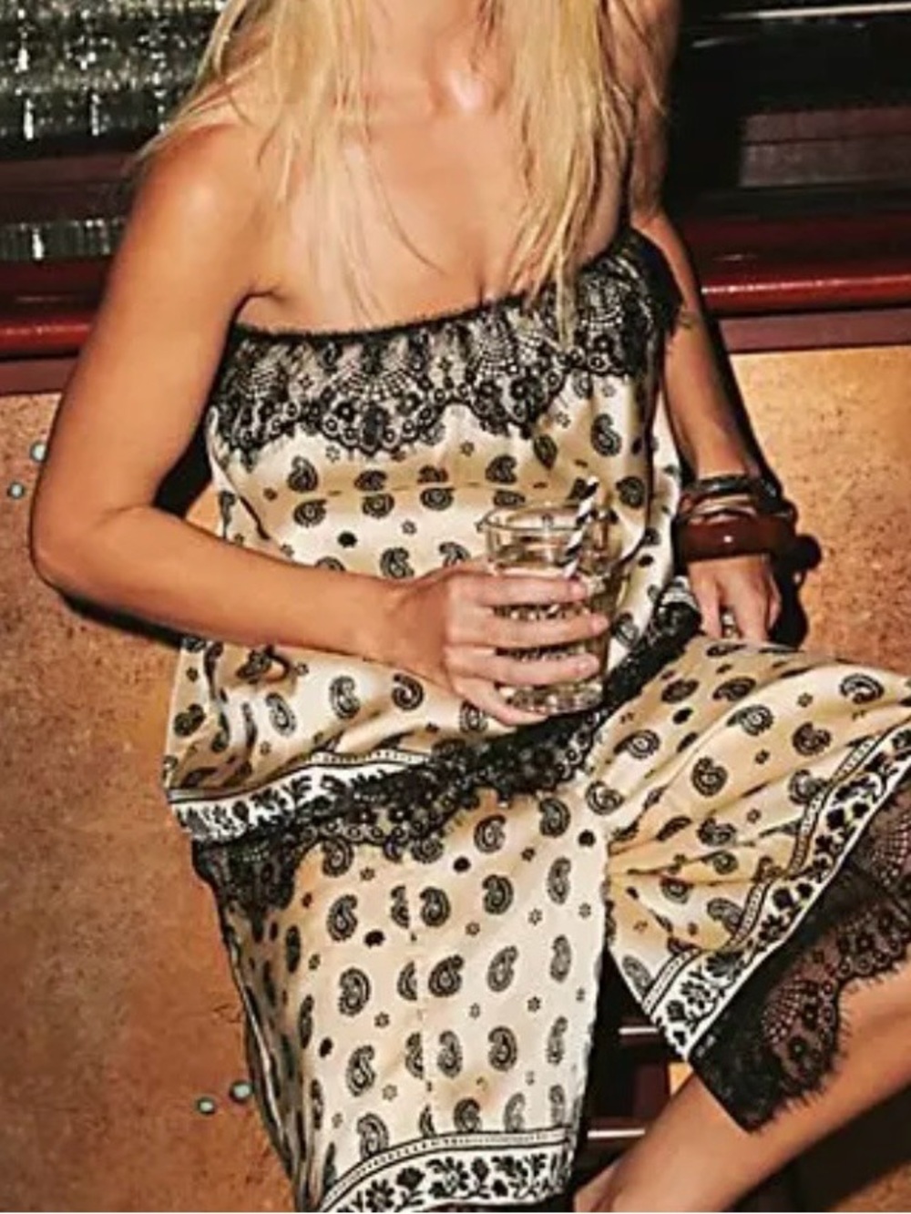 Free People - Silk Strapless Lace Trim Top in Cream and Black Paisley Print